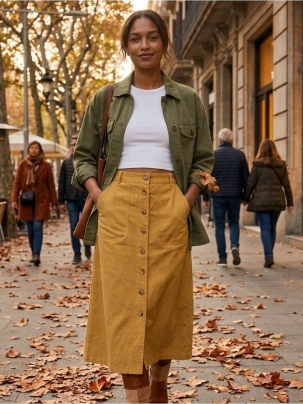 NWT FRNCH Paris High Waist Button Front A Line Mustard Midi Skirt XL W32 Utility